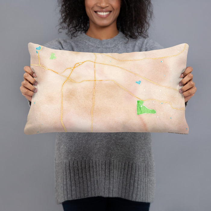 Person holding 20x12 Custom Fort Oglethorpe Georgia Map Throw Pillow in Watercolor
