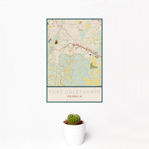 12x18 Fort Oglethorpe Georgia Map Print Portrait Orientation in Woodblock Style With Small Cactus Plant in White Planter