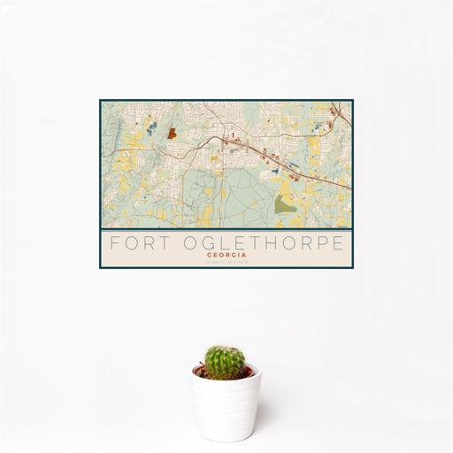 12x18 Fort Oglethorpe Georgia Map Print Landscape Orientation in Woodblock Style With Small Cactus Plant in White Planter