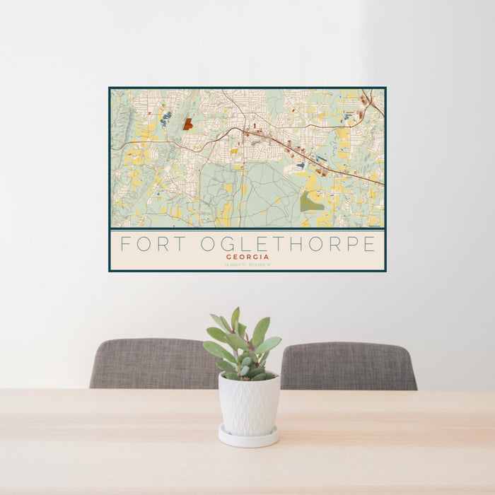 24x36 Fort Oglethorpe Georgia Map Print Landscape Orientation in Woodblock Style Behind 2 Chairs Table and Potted Plant