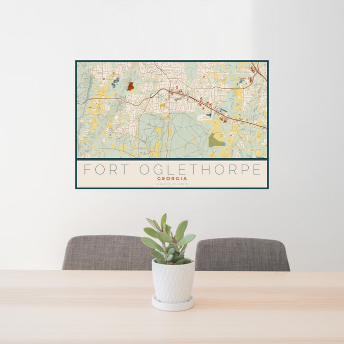 24x36 Fort Oglethorpe Georgia Map Print Landscape Orientation in Woodblock Style Behind 2 Chairs Table and Potted Plant
