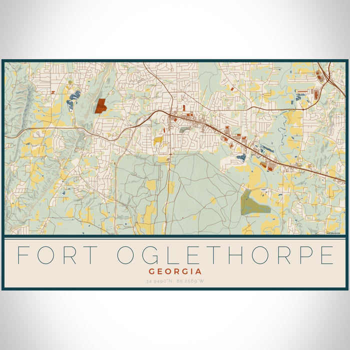 Fort Oglethorpe Georgia Map Print Landscape Orientation in Woodblock Style With Shaded Background