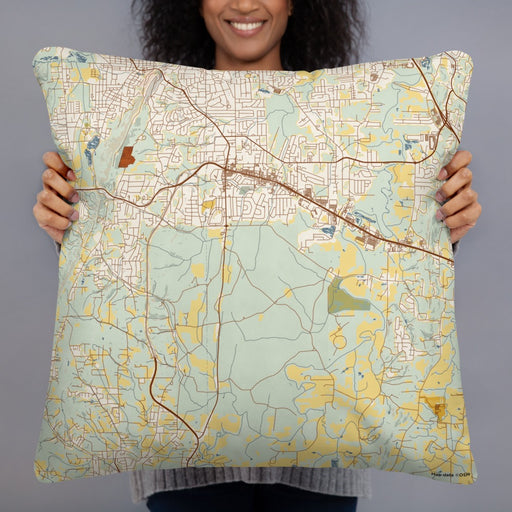 Person holding 22x22 Custom Fort Oglethorpe Georgia Map Throw Pillow in Woodblock