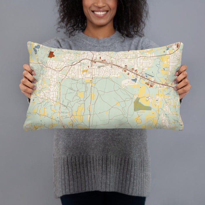 Person holding 20x12 Custom Fort Oglethorpe Georgia Map Throw Pillow in Woodblock