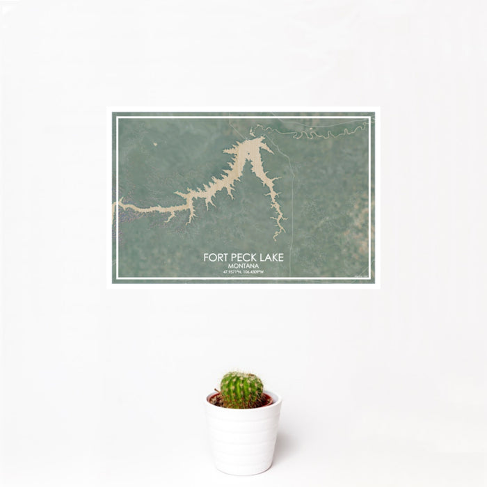 12x18 Fort Peck Lake Montana Map Print Landscape Orientation in Afternoon Style With Small Cactus Plant in White Planter