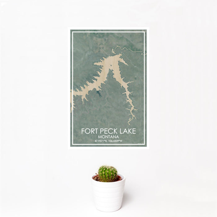 12x18 Fort Peck Lake Montana Map Print Portrait Orientation in Afternoon Style With Small Cactus Plant in White Planter