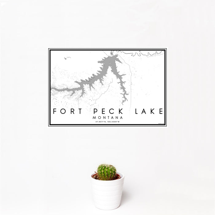 12x18 Fort Peck Lake Montana Map Print Landscape Orientation in Classic Style With Small Cactus Plant in White Planter