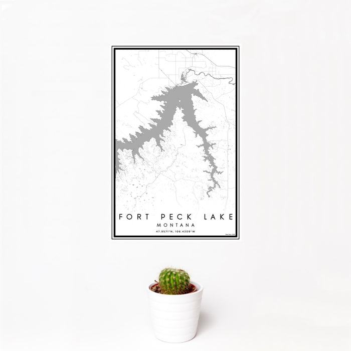 12x18 Fort Peck Lake Montana Map Print Portrait Orientation in Classic Style With Small Cactus Plant in White Planter