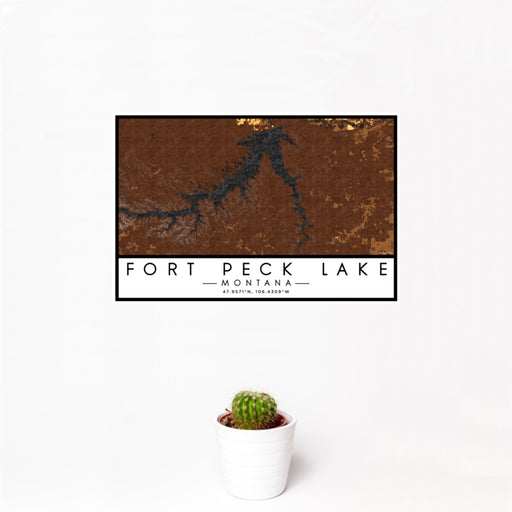 12x18 Fort Peck Lake Montana Map Print Landscape Orientation in Ember Style With Small Cactus Plant in White Planter
