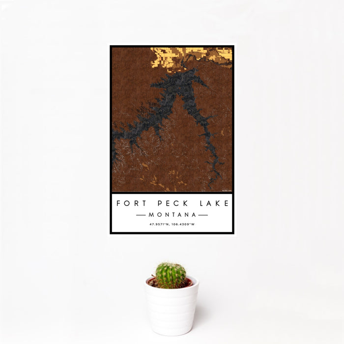 12x18 Fort Peck Lake Montana Map Print Portrait Orientation in Ember Style With Small Cactus Plant in White Planter