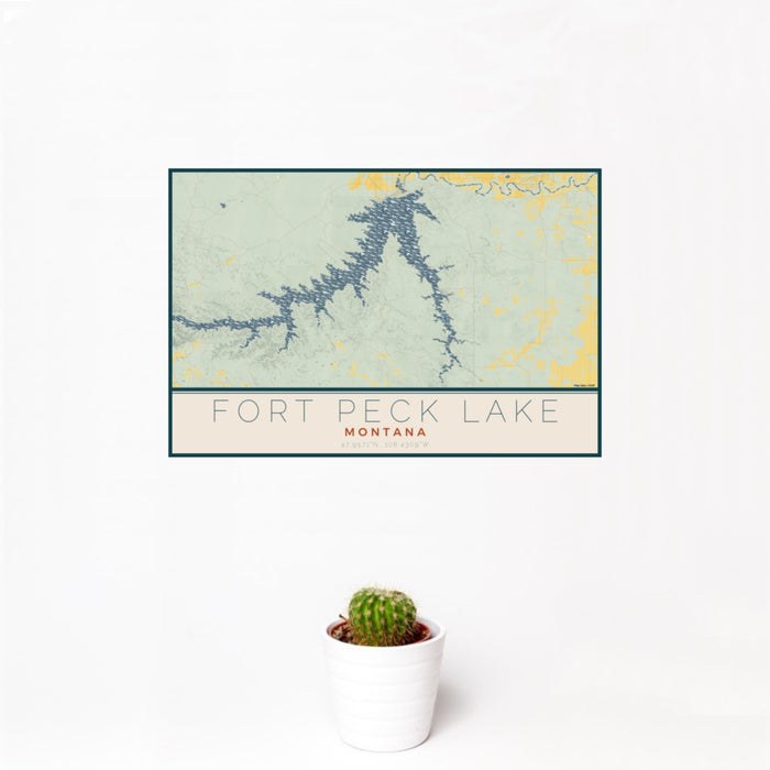 12x18 Fort Peck Lake Montana Map Print Landscape Orientation in Woodblock Style With Small Cactus Plant in White Planter