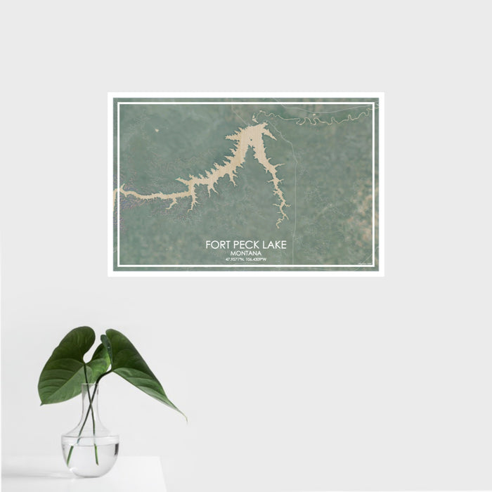 16x24 Fort Peck Lake Montana Map Print Landscape Orientation in Afternoon Style With Tropical Plant Leaves in Water