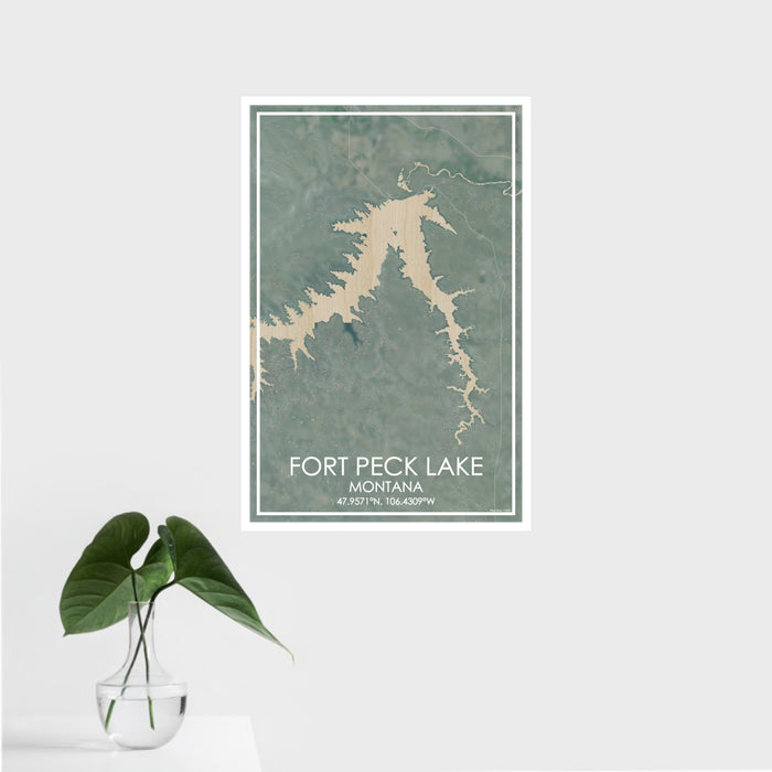 16x24 Fort Peck Lake Montana Map Print Portrait Orientation in Afternoon Style With Tropical Plant Leaves in Water