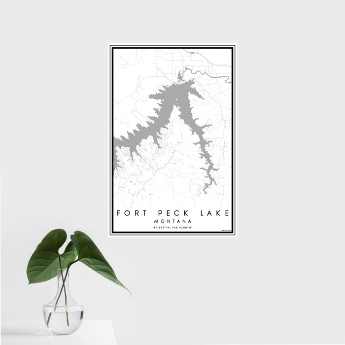 16x24 Fort Peck Lake Montana Map Print Portrait Orientation in Classic Style With Tropical Plant Leaves in Water