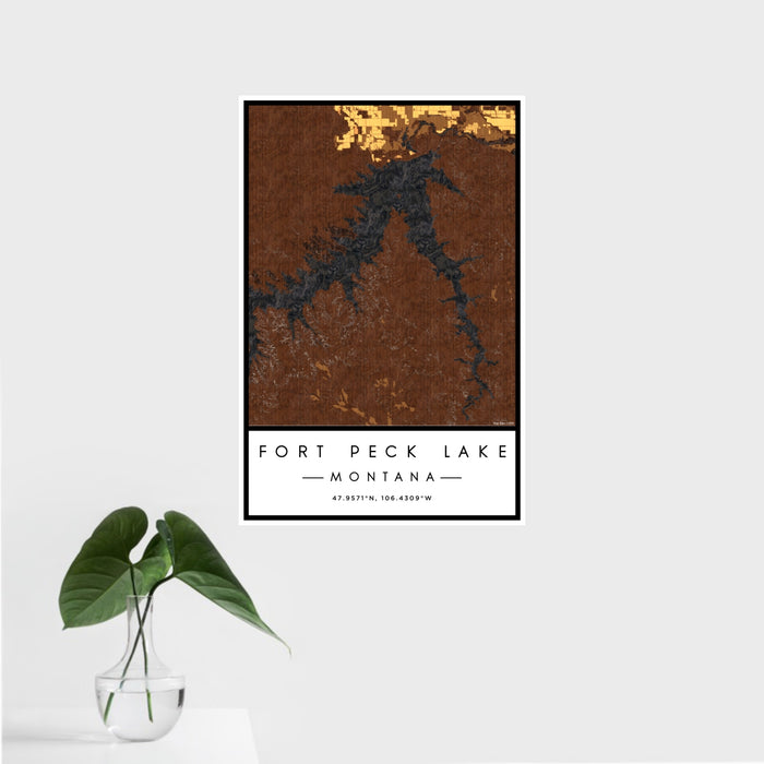 16x24 Fort Peck Lake Montana Map Print Portrait Orientation in Ember Style With Tropical Plant Leaves in Water