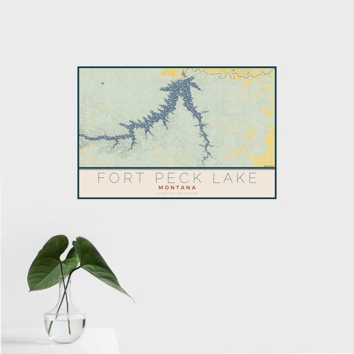 16x24 Fort Peck Lake Montana Map Print Landscape Orientation in Woodblock Style With Tropical Plant Leaves in Water