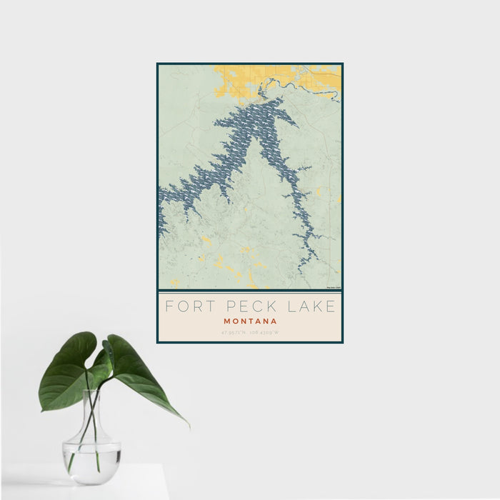 16x24 Fort Peck Lake Montana Map Print Portrait Orientation in Woodblock Style With Tropical Plant Leaves in Water