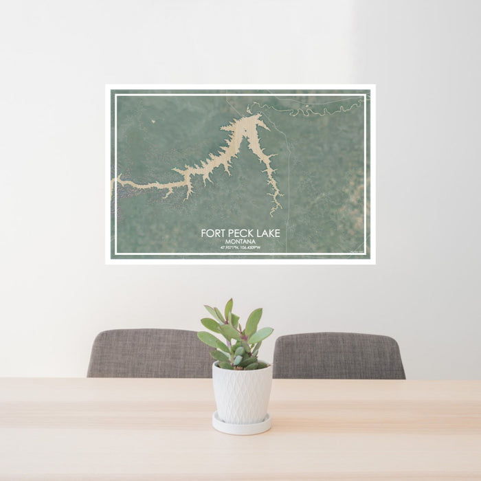 24x36 Fort Peck Lake Montana Map Print Lanscape Orientation in Afternoon Style Behind 2 Chairs Table and Potted Plant