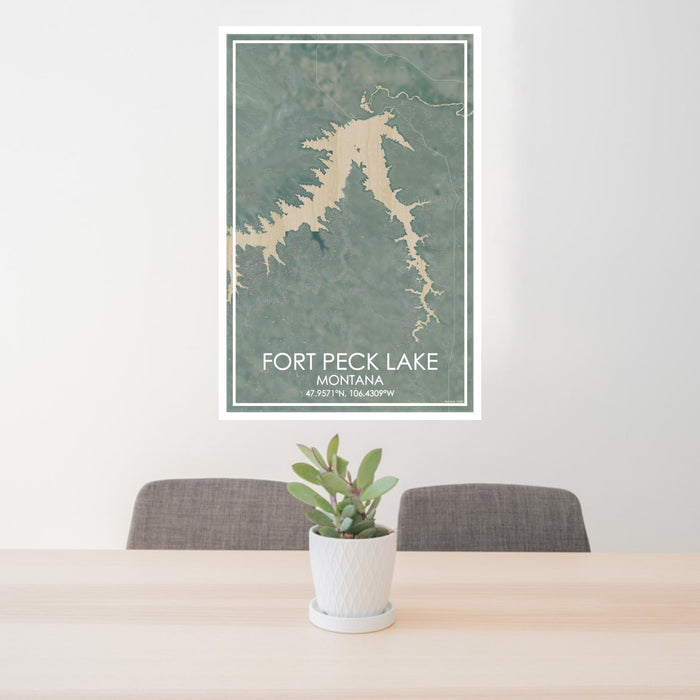 24x36 Fort Peck Lake Montana Map Print Portrait Orientation in Afternoon Style Behind 2 Chairs Table and Potted Plant