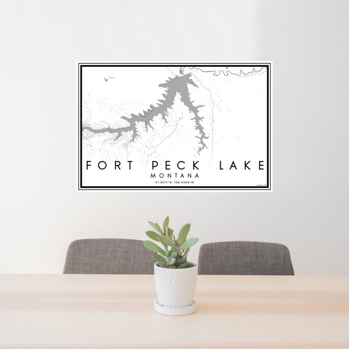 24x36 Fort Peck Lake Montana Map Print Lanscape Orientation in Classic Style Behind 2 Chairs Table and Potted Plant