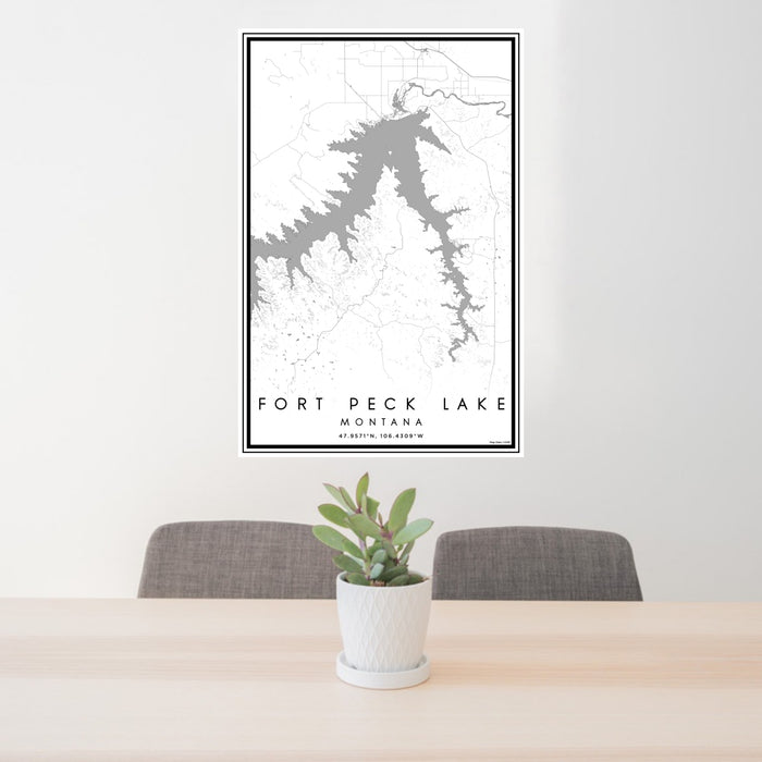 24x36 Fort Peck Lake Montana Map Print Portrait Orientation in Classic Style Behind 2 Chairs Table and Potted Plant