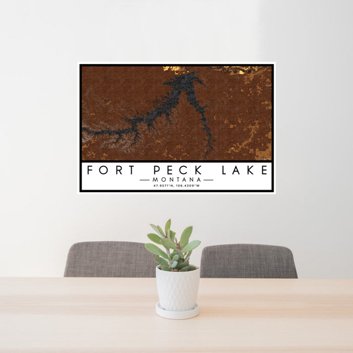 24x36 Fort Peck Lake Montana Map Print Lanscape Orientation in Ember Style Behind 2 Chairs Table and Potted Plant