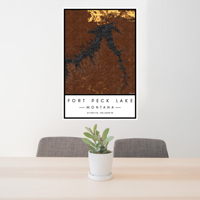 24x36 Fort Peck Lake Montana Map Print Portrait Orientation in Ember Style Behind 2 Chairs Table and Potted Plant