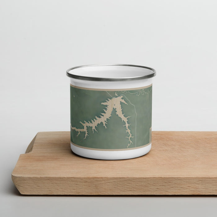 Front View Custom Fort Peck Lake Montana Map Enamel Mug in Afternoon on Cutting Board