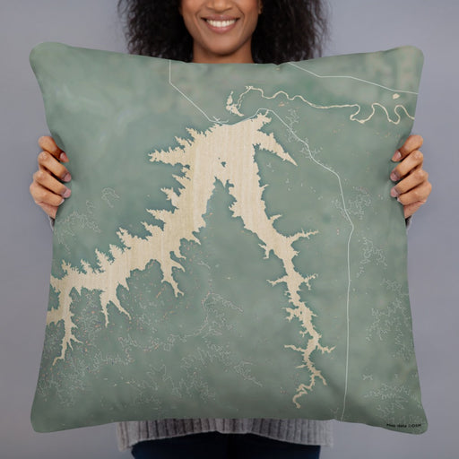 Person holding 22x22 Custom Fort Peck Lake Montana Map Throw Pillow in Afternoon