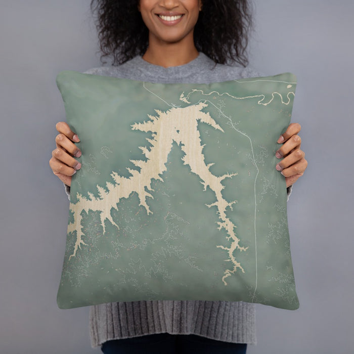 Person holding 18x18 Custom Fort Peck Lake Montana Map Throw Pillow in Afternoon