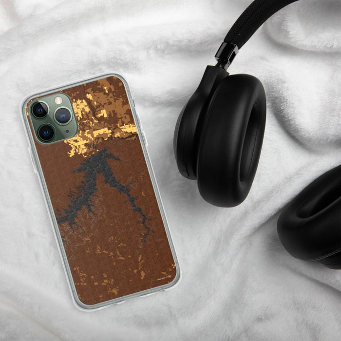 Custom Fort Peck Lake Montana Map Phone Case in Ember on Table with Black Headphones