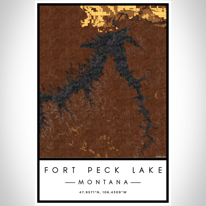 Fort Peck Lake Montana Map Print Portrait Orientation in Ember Style With Shaded Background