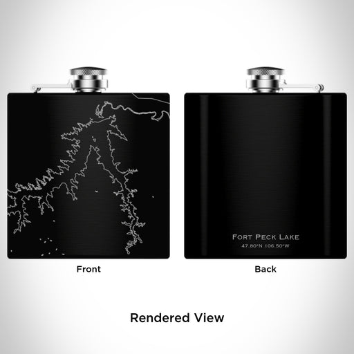Rendered View of Fort Peck Lake Montana Map Engraving on 6oz Stainless Steel Flask in Black