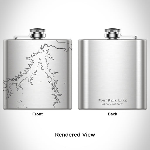 Rendered View of Fort Peck Lake Montana Map Engraving on 6oz Stainless Steel Flask