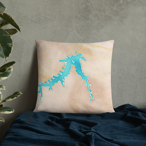 Custom Fort Peck Lake Montana Map Throw Pillow in Watercolor on Bedding Against Wall