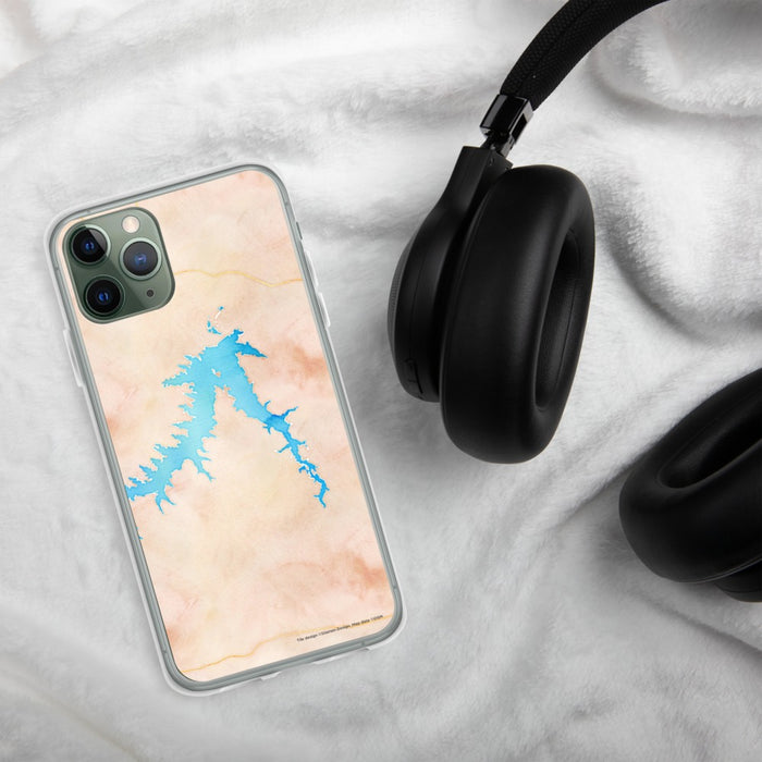 Custom Fort Peck Lake Montana Map Phone Case in Watercolor on Table with Black Headphones