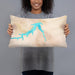 Person holding 20x12 Custom Fort Peck Lake Montana Map Throw Pillow in Watercolor