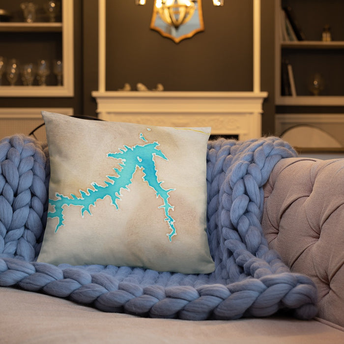 Custom Fort Peck Lake Montana Map Throw Pillow in Watercolor on Cream Colored Couch