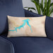 Custom Fort Peck Lake Montana Map Throw Pillow in Watercolor on Blue Colored Chair