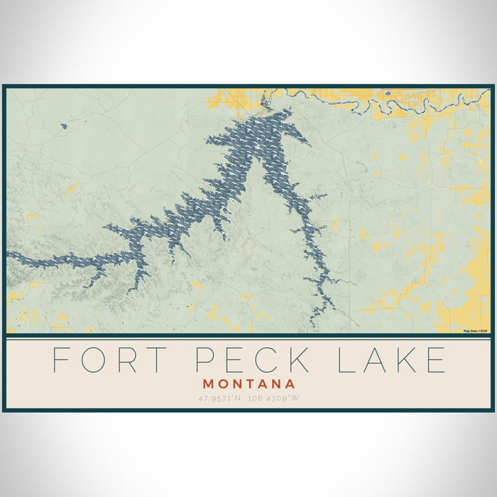 Fort Peck Lake Montana Map Print Landscape Orientation in Woodblock Style With Shaded Background