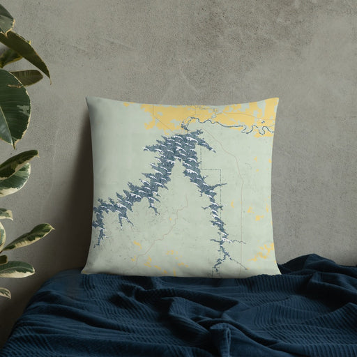Custom Fort Peck Lake Montana Map Throw Pillow in Woodblock on Bedding Against Wall