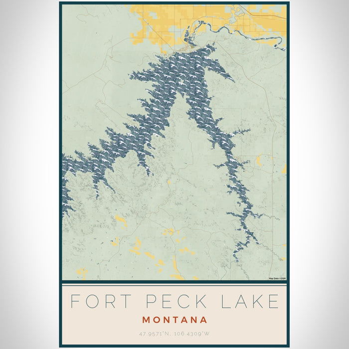 Fort Peck Lake Montana Map Print Portrait Orientation in Woodblock Style With Shaded Background