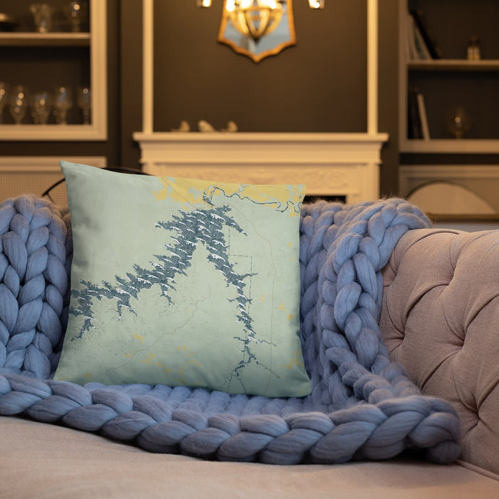 Custom Fort Peck Lake Montana Map Throw Pillow in Woodblock on Cream Colored Couch