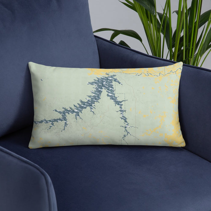 Custom Fort Peck Lake Montana Map Throw Pillow in Woodblock on Blue Colored Chair