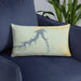 Custom Fort Peck Lake Montana Map Throw Pillow in Woodblock on Blue Colored Chair