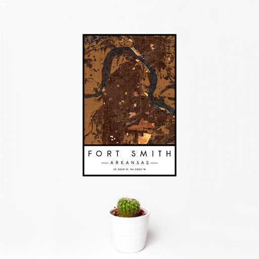 12x18 Fort Smith Arkansas Map Print Portrait Orientation in Ember Style With Small Cactus Plant in White Planter
