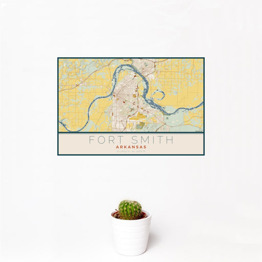 12x18 Fort Smith Arkansas Map Print Landscape Orientation in Woodblock Style With Small Cactus Plant in White Planter