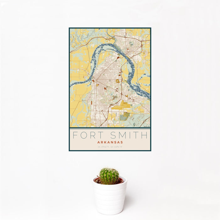 12x18 Fort Smith Arkansas Map Print Portrait Orientation in Woodblock Style With Small Cactus Plant in White Planter