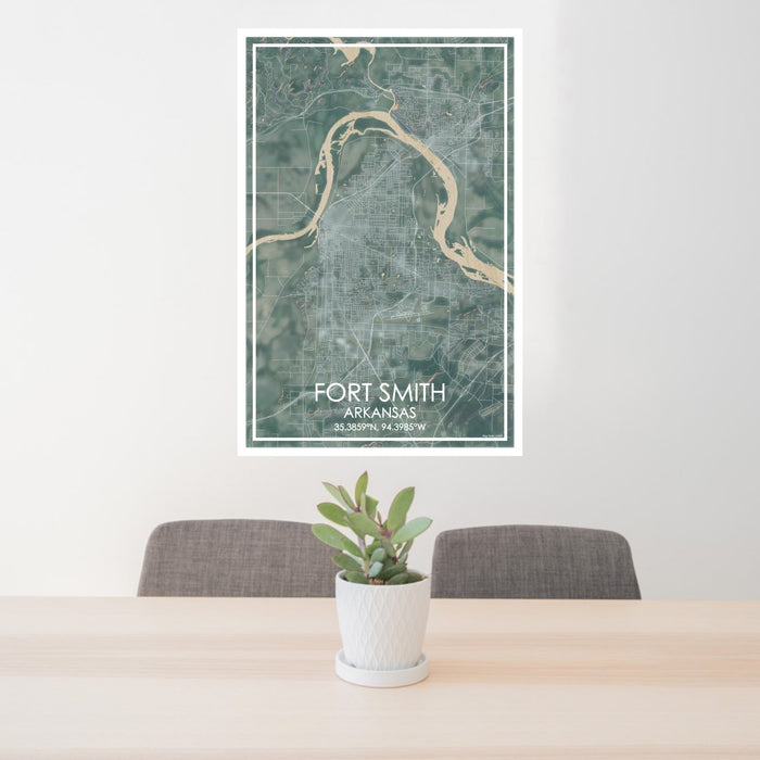 24x36 Fort Smith Arkansas Map Print Portrait Orientation in Afternoon Style Behind 2 Chairs Table and Potted Plant