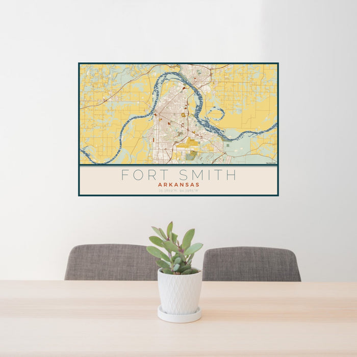 24x36 Fort Smith Arkansas Map Print Lanscape Orientation in Woodblock Style Behind 2 Chairs Table and Potted Plant